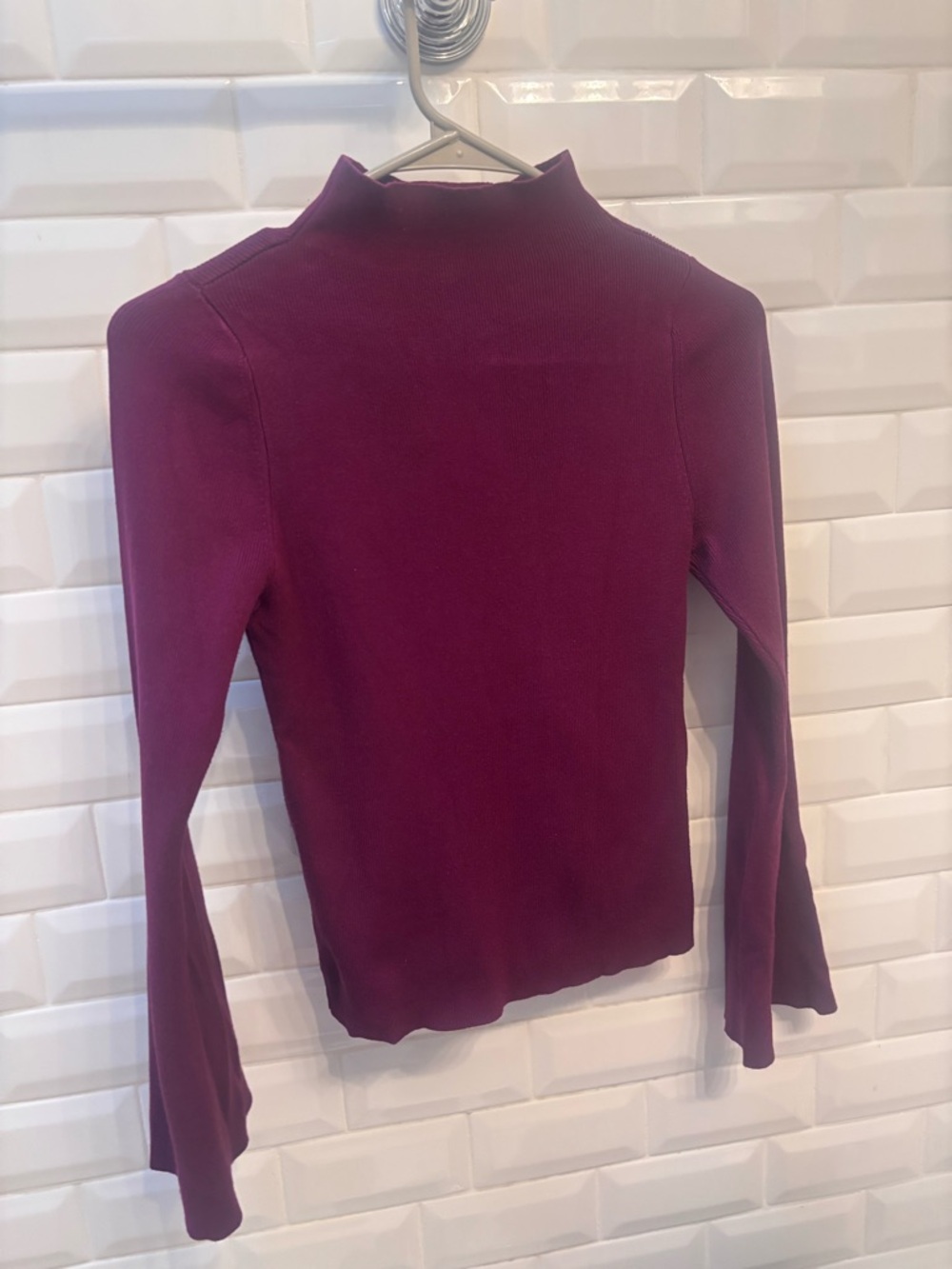 Women’s Ribbed Mock Neck Long Sleeve Top, flare sleeves- purple